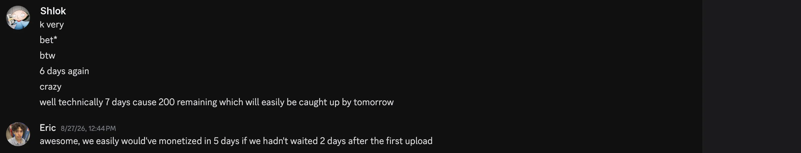 Message saying six days again
